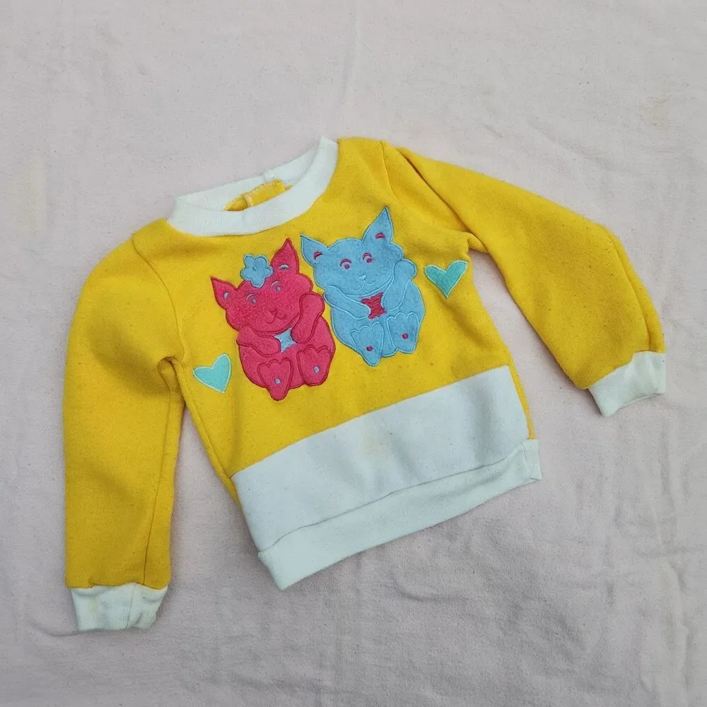Vintage 80s California Babe Yellow Kitten Sweatshirt 18 Months Colorblock Crew
